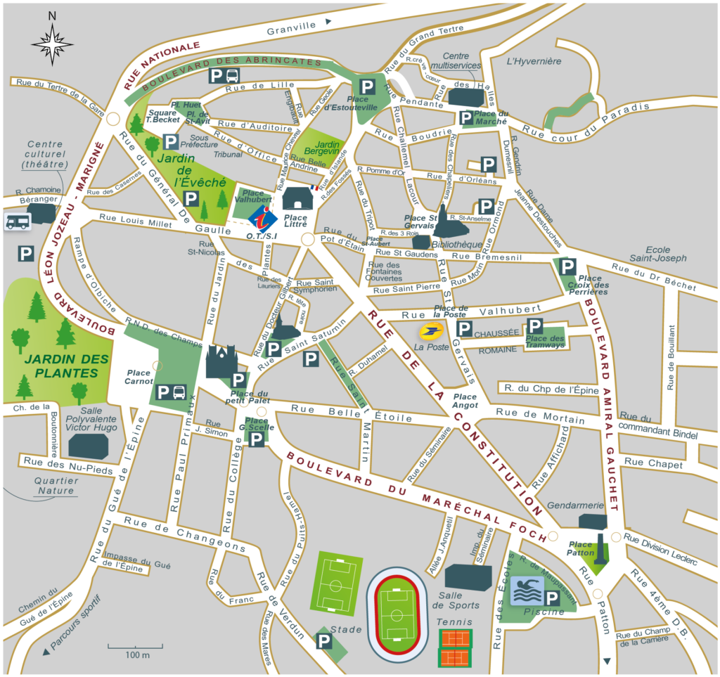 Carte des parkings gratuits et sans limite de durée dans le centre-ville d'Avranches